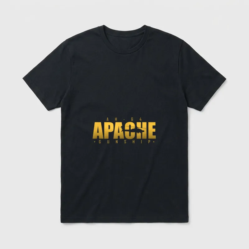 AH-64 Apache Helicopter T-Shirt – Gold text reading APACHE GUNSHIP with helicopter silhouette – Classic T-Shirt in Black