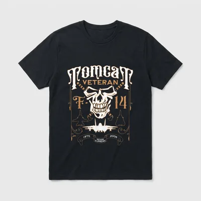 F-14 Tomcat Veteran T-Shirt – TOMCAT VETERAN F-14 with skull in pilot goggles and fighter jet – Classic T-Shirt in Black