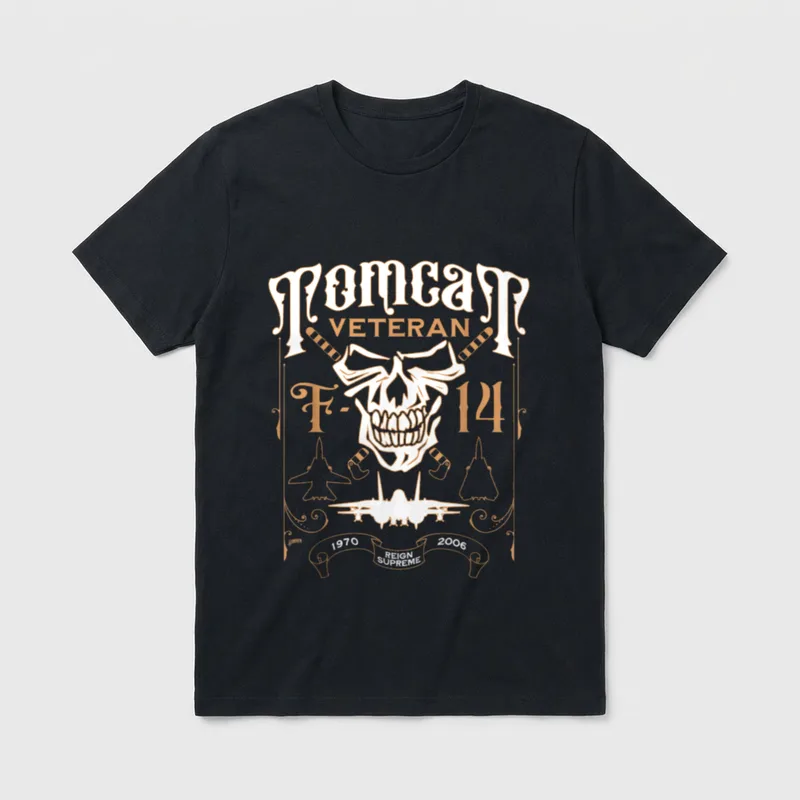 F-14 Tomcat Veteran T-Shirt – TOMCAT VETERAN F-14 with skull in pilot goggles and fighter jet – Classic T-Shirt in Black