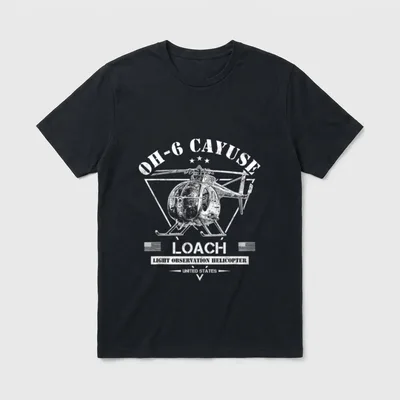 OH-6 Loach Helicopter Veteran T-Shirt – OH-6 Cayuse Loach Light Observation Helicopter with flags – Classic T-Shirt in Black