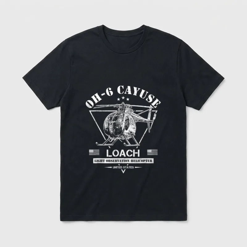 OH-6 Loach Helicopter Veteran T-Shirt – OH-6 Cayuse Loach Light Observation Helicopter with flags – Classic T-Shirt in Black