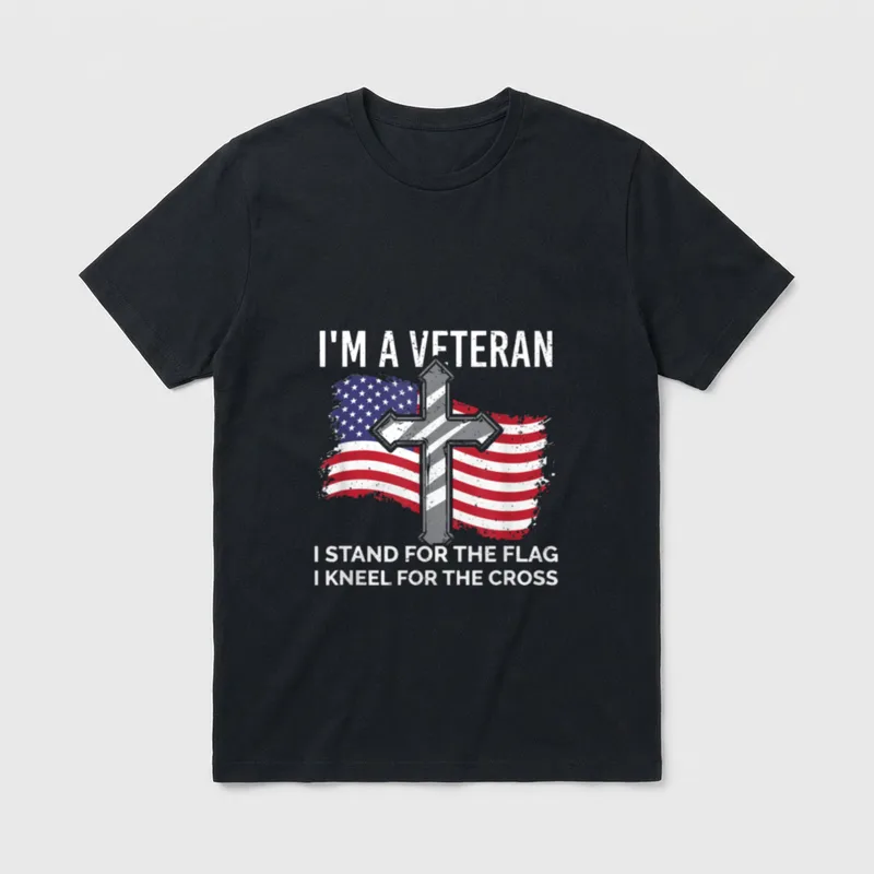 Veteran Christian Patriot T-Shirt – I'm A Veteran text with American flag and cross imagery – Classic T-Shirt in Black
