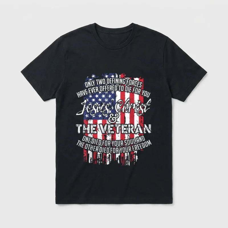 Christian Veteran Faith T-Shirt – Cross and flag with text about Jesus Christ and the Veteran – Classic T-Shirt in Black