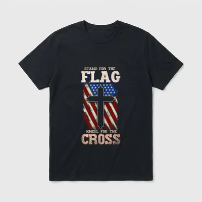 Christian Veteran Patriot T-Shirt – STAND FOR THE FLAG KNEEL FOR THE CROSS with cross and flag – Classic T-Shirt in Black