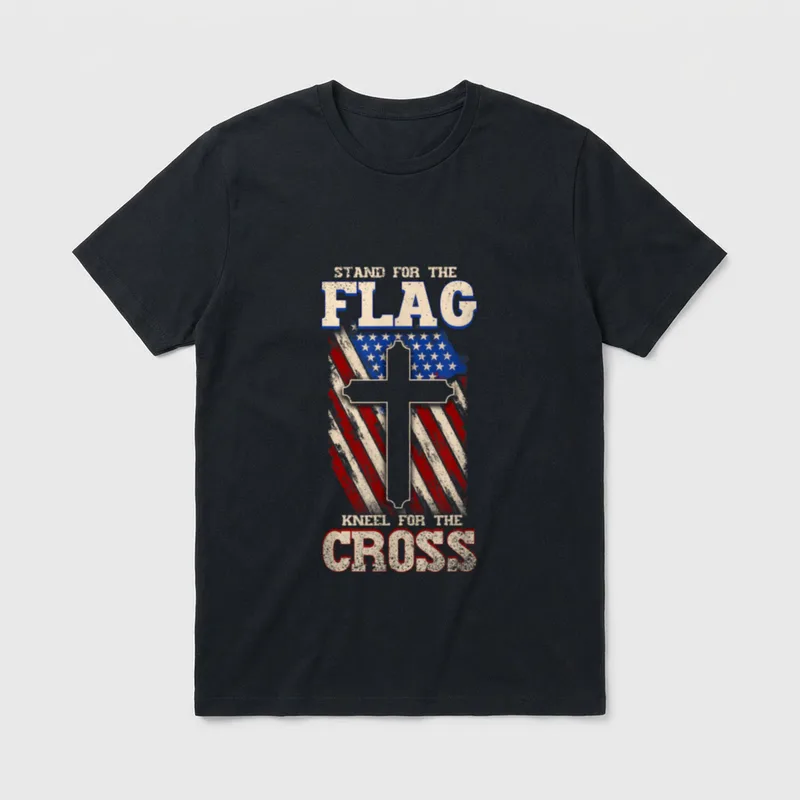 Christian Veteran Patriot T-Shirt – STAND FOR THE FLAG KNEEL FOR THE CROSS with cross and flag – Classic T-Shirt in Black