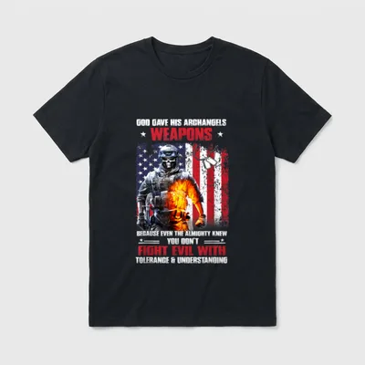 Veteran Archangel Warrior T-Shirt – Printed text and soldier in military gear on American flag – Classic T-Shirt in Black