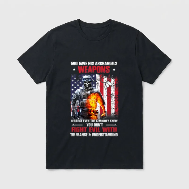 Veteran Archangel Warrior T-Shirt – Printed text and soldier in military gear on American flag – Classic T-Shirt in Black