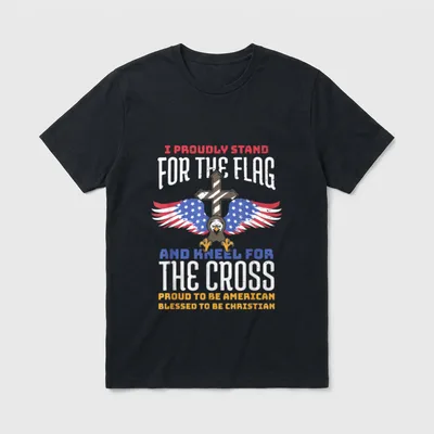 Christian Veteran Flag Cross T-Shirt – I PROUDLY STAND FOR THE FLAG AND KNEEL FOR THE CROSS – Classic T-Shirt in Black