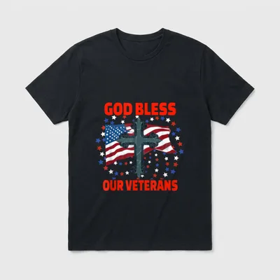God Bless Our Veterans T-Shirt – GOD BLESS OUR VETERANS text with cross and flag graphic – Classic T-Shirt in Black