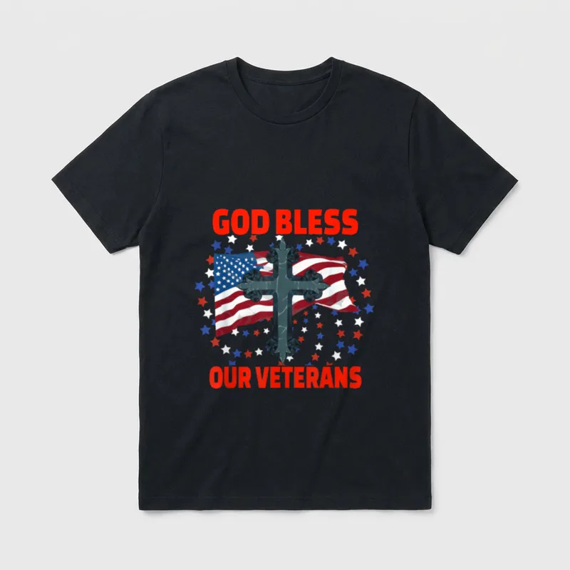 God Bless Our Veterans T-Shirt – GOD BLESS OUR VETERANS text with cross and flag graphic – Classic T-Shirt in Black