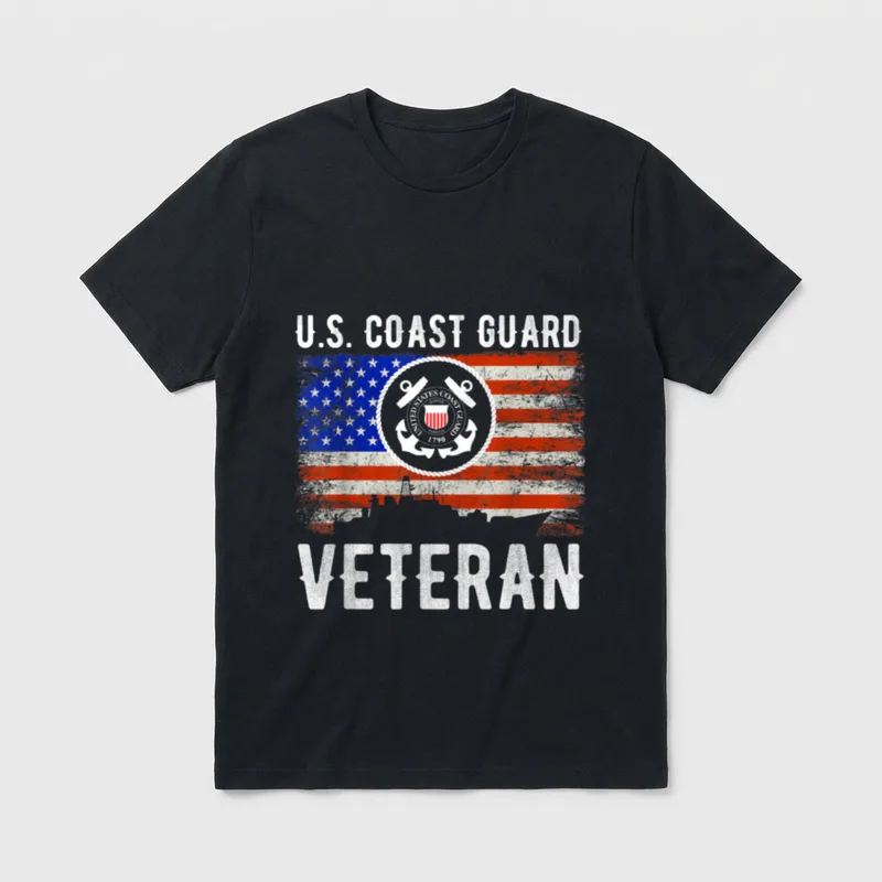 U.S. Coast Guard Forces T-Shirt – U.S. COAST GUARD and VETERAN text with emblem and flag – Classic T-Shirt in Black