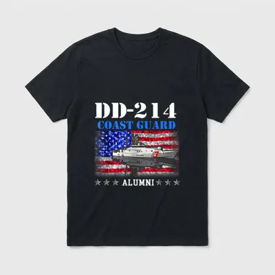 USCG Alumni T-Shirt – DD-214 and COAST GUARD text with cutter ship and flag – Classic T-Shirt in Black