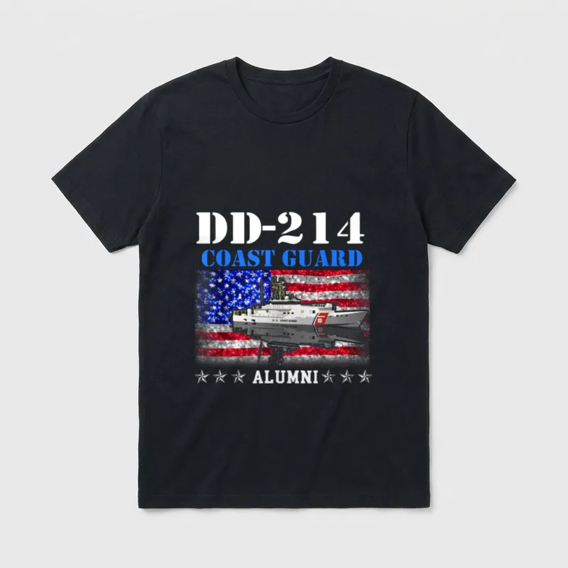 USCG Alumni T-Shirt – DD-214 and COAST GUARD text with cutter ship and flag – Classic T-Shirt in Black