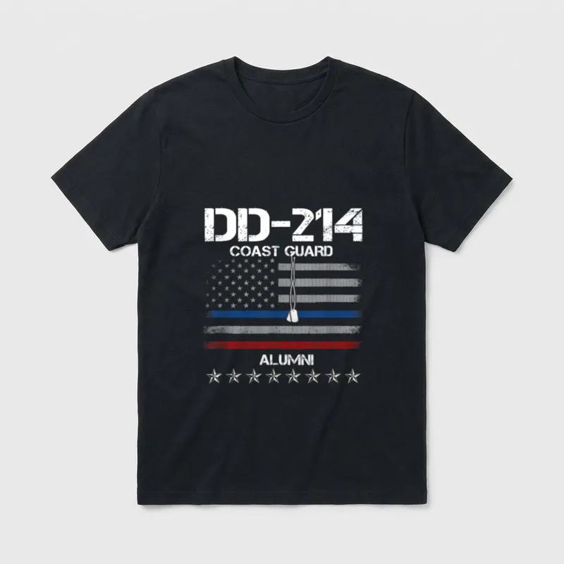 DD-214 US Coast Guard Alumni T-Shirt – DD-214 COAST GUARD ALUMNI with flag antenna and eight stars – Classic T-Shirt in Black