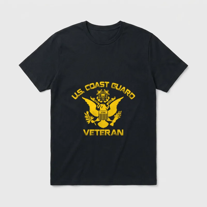 U S Coast Guard Veteran T-Shirt – Vintage yellow eagle emblem with U.S. Coast Guard Veteran text – Classic T-Shirt in Black