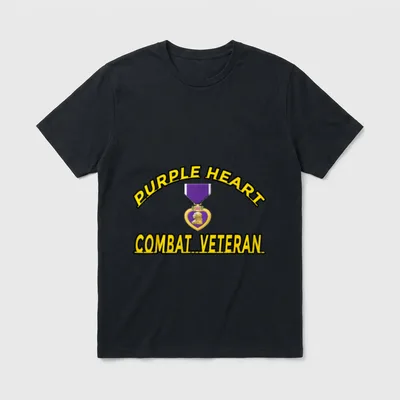 Military Purple Heart Recipient T-Shirt – PURPLE HEART and COMBAT VETERAN text with medal – Classic T-Shirt in Black