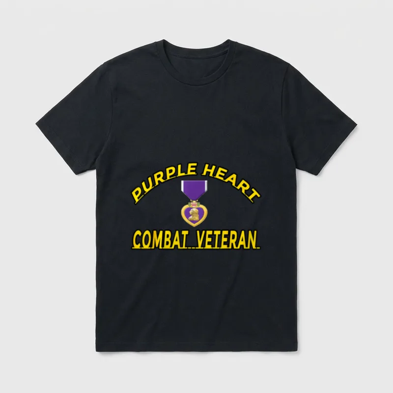 Military Purple Heart Recipient T-Shirt – PURPLE HEART and COMBAT VETERAN text with medal – Classic T-Shirt in Black