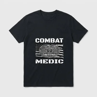 US Army Medical Military T-Shirt – COMBAT MEDIC text with Army Medical Badge and American flag – Classic T-Shirt in Black
