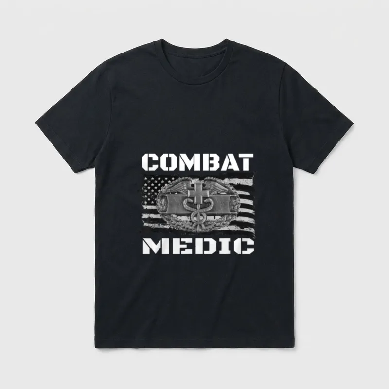 US Army Medical Military T-Shirt – COMBAT MEDIC text with Army Medical Badge and American flag – Classic T-Shirt in Black