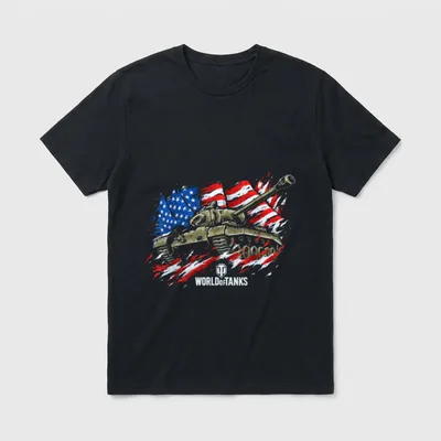 Tank Veteran Military T-Shirt – Medium tank in olive drab with American flag and WORLDofTANKS logo – Classic T-Shirt in Black
