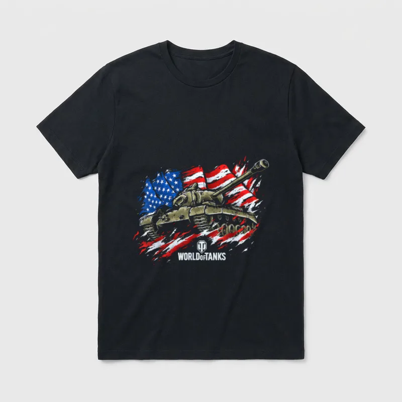 Tank Veteran Military T-Shirt – Medium tank in olive drab with American flag and WORLDofTANKS logo – Classic T-Shirt in Black