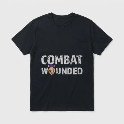 Combat Wounded Veteran Shirt – Text reading Combat Wounded with Purple Heart medal – Classic T-Shirt in Black