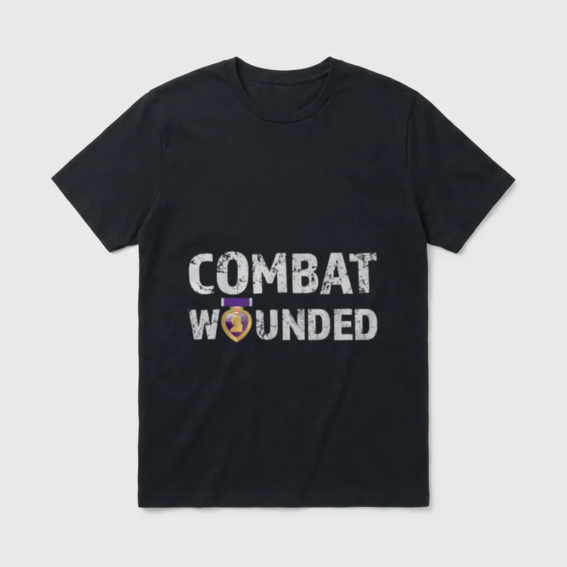 Combat Wounded Veteran Shirt – Text reading Combat Wounded with Purple Heart medal – Classic T-Shirt in Black