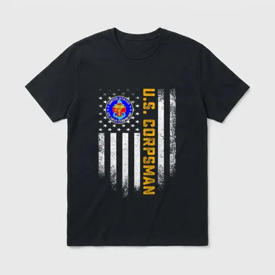 Proud US Corpsman Veteran T-Shirt – US CORPSMAN text with Navy seal and American flag – Classic T-Shirt in Black