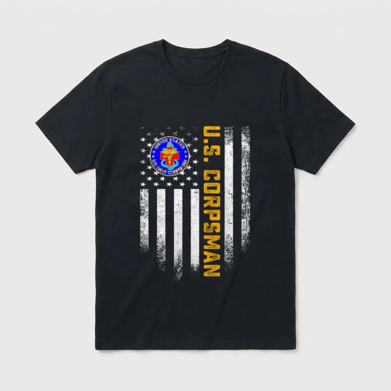 Proud US Corpsman Veteran T-Shirt – US CORPSMAN text with Navy seal and American flag – Classic T-Shirt in Black