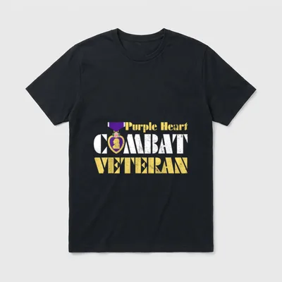 Military Purple Heart Day T-Shirt – Purple Heart medal with combat veteran text in gold and white – Classic T-Shirt in Black