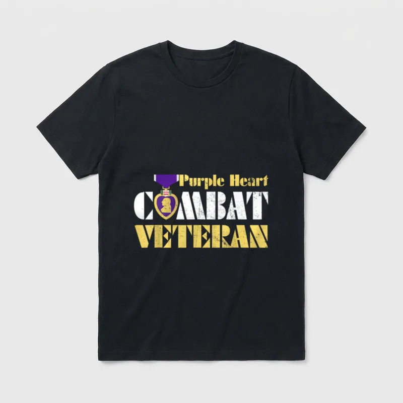 Military Purple Heart Day T-Shirt – Purple Heart medal with combat veteran text in gold and white – Classic T-Shirt in Black