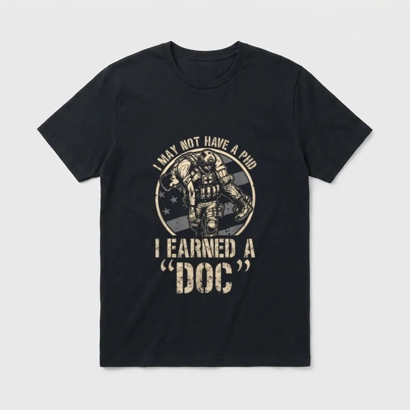 Military Medic T-Shirt – Soldier carrying casualty with text about medic training – Classic T-Shirt in Black