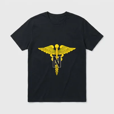 Military Nurse Veteran T-Shirt – N inside a yellow caduceus with winged staff and serpents – Classic T-Shirt in Black
