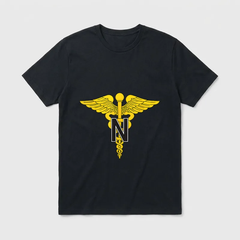 Military Nurse Veteran T-Shirt – N inside a yellow caduceus with winged staff and serpents – Classic T-Shirt in Black