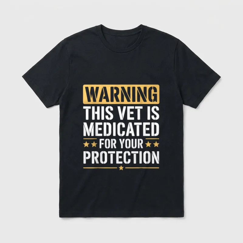Veteran Medicated For Protection T-Shirt – Warning label with white text and gold stars – Classic T-Shirt in Black