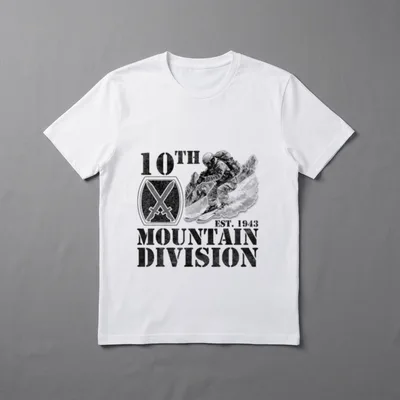 Fort Drum Military Veteran T-Shirt – 10th Mountain Division emblem and soldier skiing downslope – Classic T-Shirt in Black