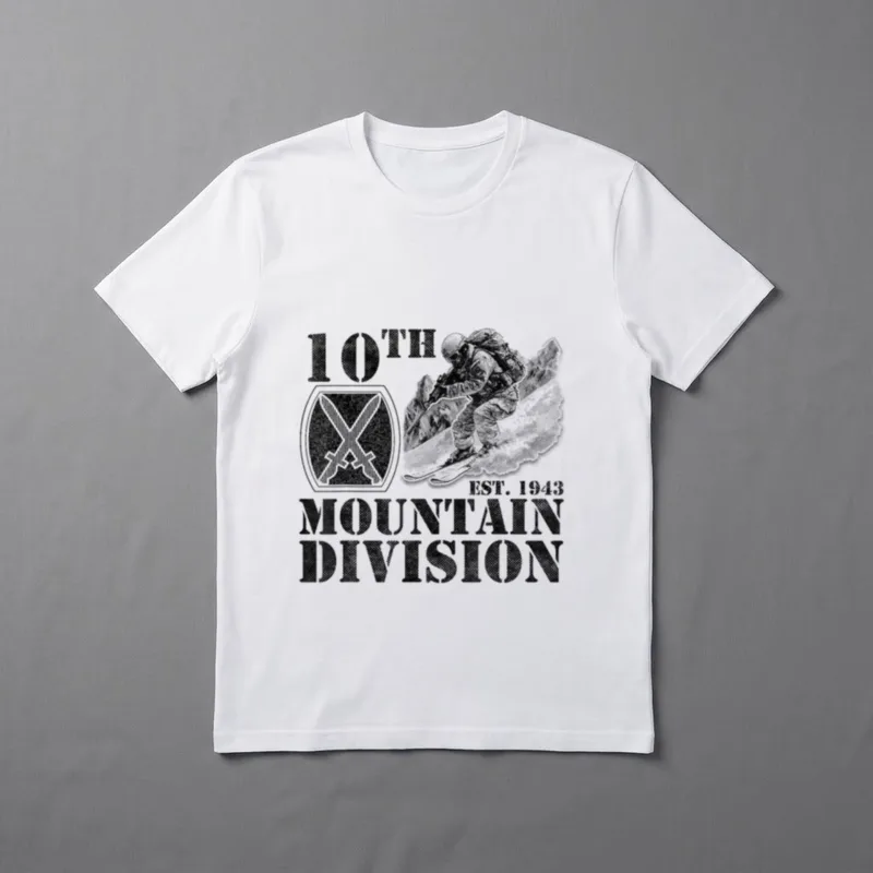 Fort Drum Military Veteran T-Shirt – 10th Mountain Division emblem and soldier skiing downslope – Classic T-Shirt in Black