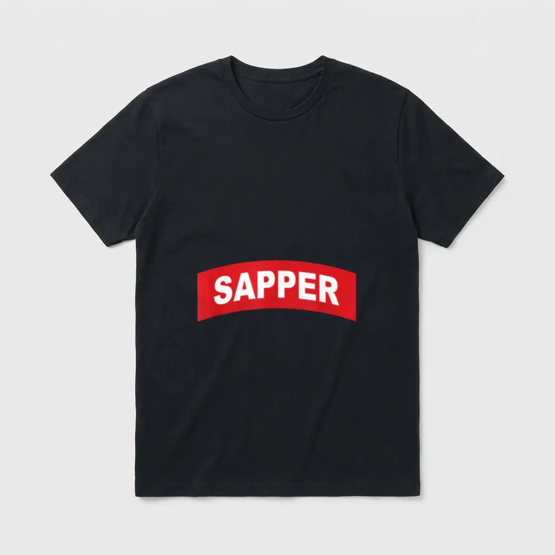 Combat Engineer Sapper Tab T-Shirt – Red curved tab with white text reading SAPPER – Classic T-Shirt in Black
