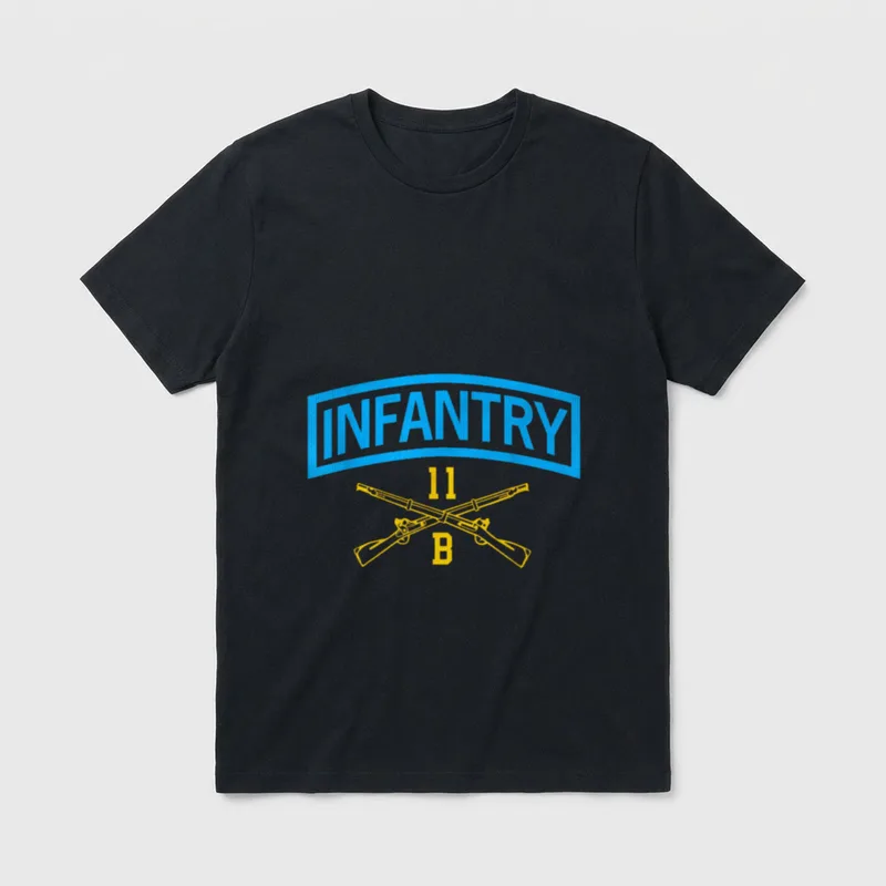 Army Infantryman Grunt T-Shirt – INFANTRY text with 11 B and crossed rifles in yellow and blue – Classic T-Shirt in Black