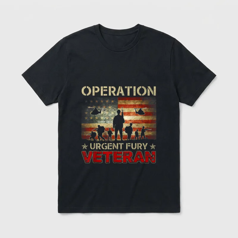 Grenada Combat Veteran T-Shirt – OPERATION URGENT FURY VETERAN with soldiers and flag – Classic T-Shirt in Black
