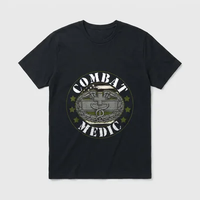 Military Medic Proud T-Shirt – Combat Medic text with military medical badge – Classic T-Shirt in Black