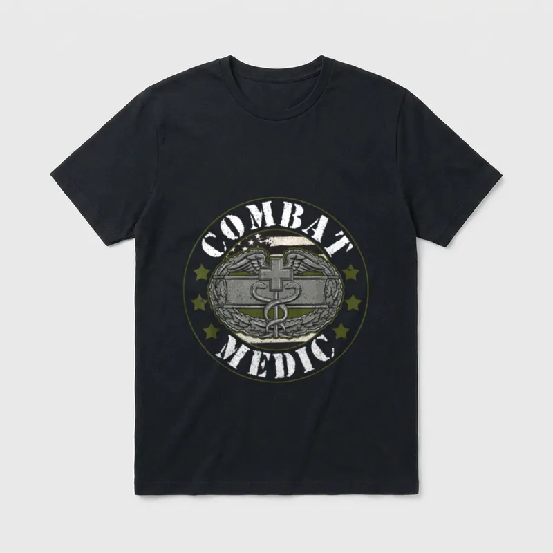 Military Medic Proud T-Shirt – Combat Medic text with military medical badge – Classic T-Shirt in Black