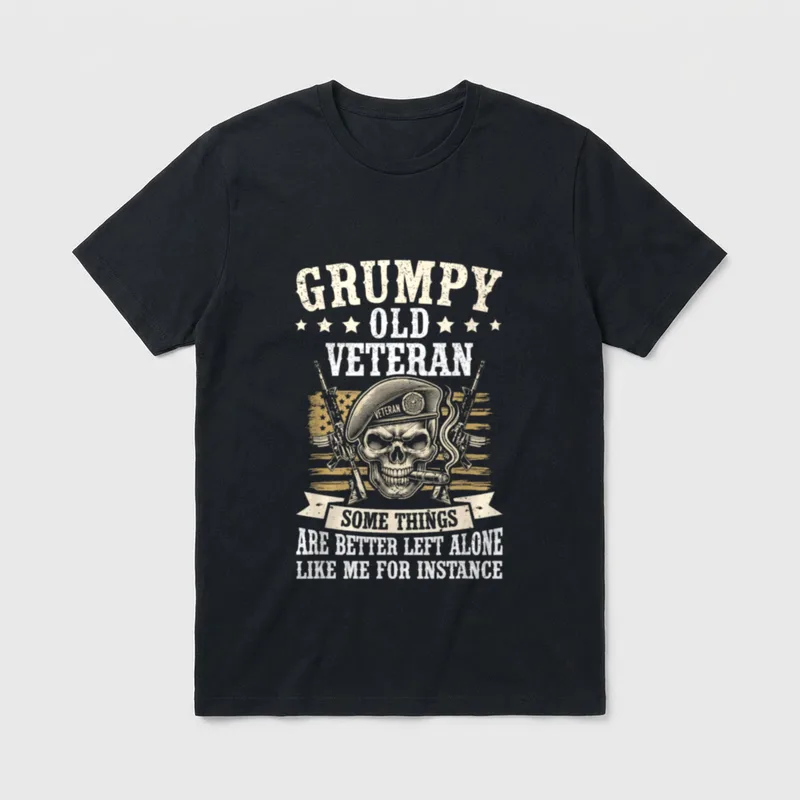 Disgruntled Veteran US Flag T-Shirt – GRUMPY OLD VETERAN with skull and crossed rifles – Classic T-Shirt in Black
