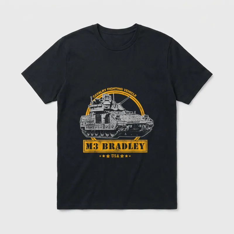 Army Veterans and Enthusiasts T-Shirt – M3 Bradley Cavalry Fighting Vehicle with text and stars – Classic T-Shirt in Black