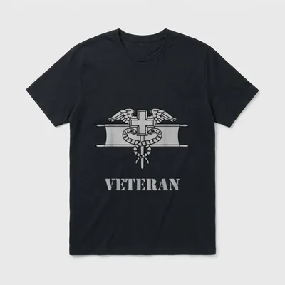 68W Veteran Expert T-Shirt – Expert Field Medical Badge with snakes and cross, word Veteran below – Classic T-Shirt in Black