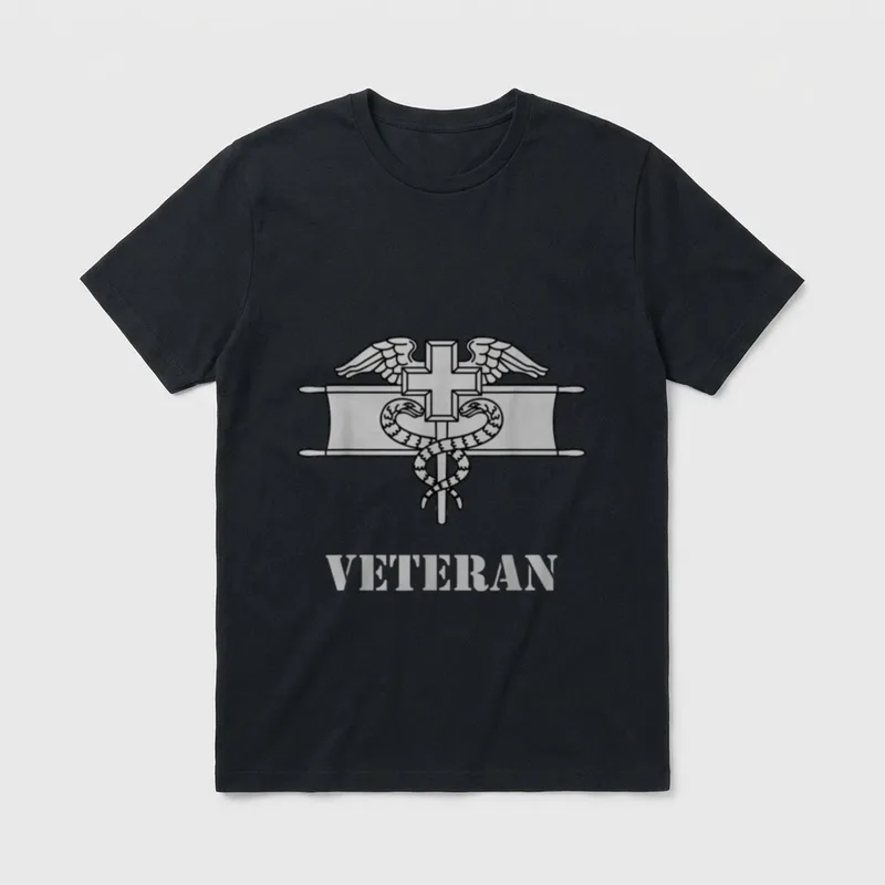 68W Veteran Expert T-Shirt – Expert Field Medical Badge with snakes and cross, word Veteran below – Classic T-Shirt in Black