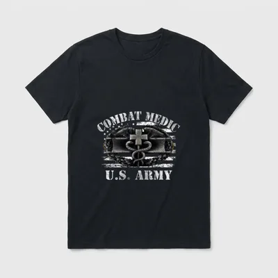 US ARMY 68W Combat Medic Veteran T-Shirt – Combat Medic and U.S. Army text with medical insignia – Classic T-Shirt in Black