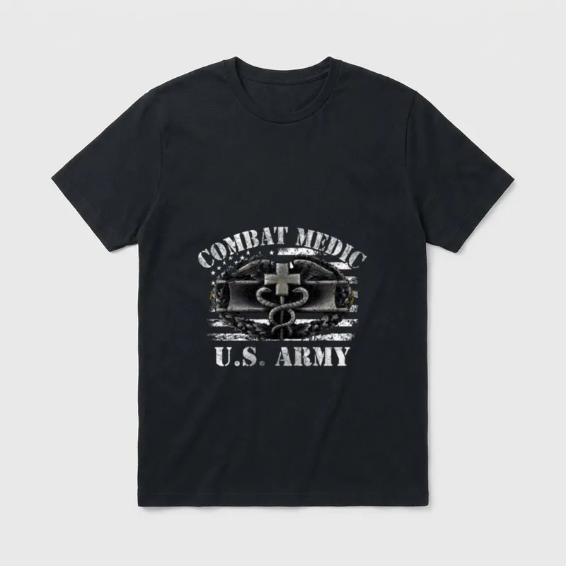 US ARMY 68W Combat Medic Veteran T-Shirt – Combat Medic and U.S. Army text with medical insignia – Classic T-Shirt in Black