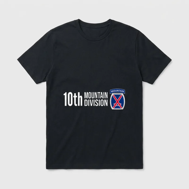 10TH MOUNTAIN DIVISION ARMY INFANTRY T-Shirt – Text reads 10th MOUNTAIN DIVISION with unit patch – Classic T-Shirt in Black