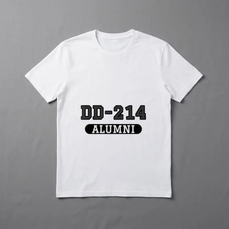 DD-214 Veteran T-Shirt – DD-214 in outlined lettering above ALUMNI in a black rounded banner – Classic T-Shirt in Black